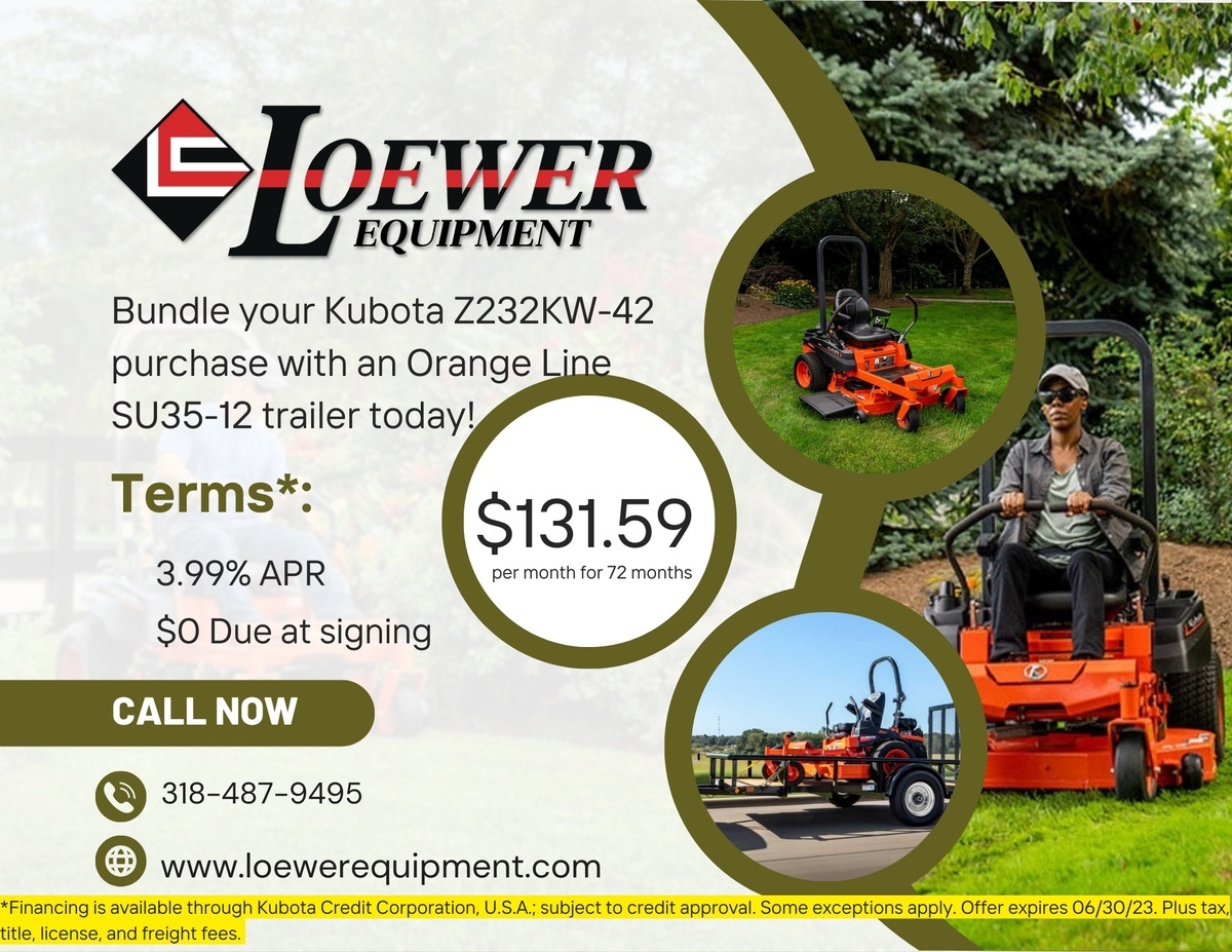 Financing is available through Kubota Credit Corporation, U.S.A.; subject to credit approval. Some exceptions apply. Offer expires 063023. Plus tax, title, license, and freight fees.